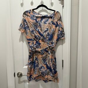 Love Riche Peach and Navy Tropical Wrap Dress